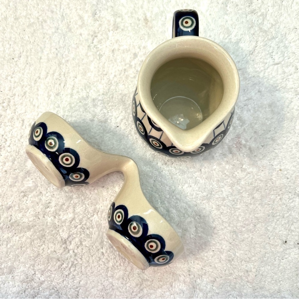 Boleslawiec Pottery Nature Peacock Cobalt Blue Creamer condiment dish Poland set - Picture 2 of 11